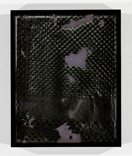 <i>Dot Dots #13</i>, 2023/24<br />
<em>Museum glass coated with photo emulsion, exposed with negative of the Polkadots series,<br />
Photogram on baryta paper</em><br />
28 x 23 x 4 cm