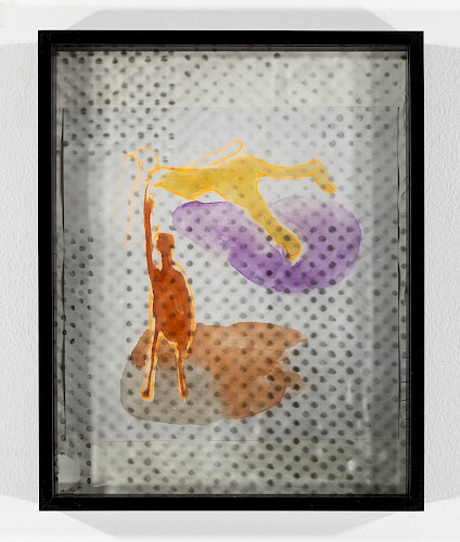 <i>Veri Dots #2</i>, 2021/23<br />
<em>Museum glass coated with photo emulsion, exposed with negative of the series Polkadots,<br />
watercolour</em><br />
28 x 23 x 4 cm