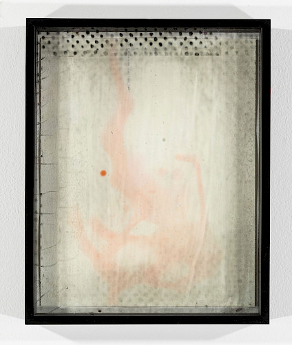 <i>Nec_d Dots #3</i>, 2019/23<br />
<em>Museum glass coated with photo emulsion, exposed with negative of the series Polkadots, watercolour</em><br />
28 x 23 x 4 cm