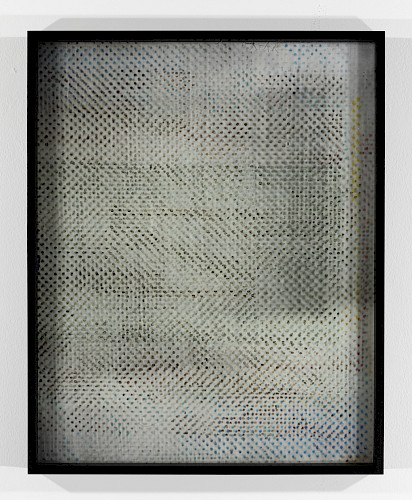 <i>Op Dots #2</i>, 2018/23<br />
<em>Glass coated with photo emulsion, exposed with negative of the series Polkadots,<br />
analogue C-print, hand print</em><br />
51,5 x 41 x 4 cm