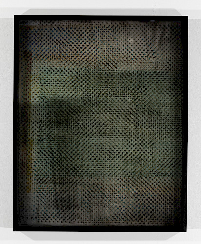 <i>Op Dots #4</i>, 2018/23<br />
<em>Glass coated with photo emulsion, exposed with negative of the series Polkadots,<br />
analogue C-print, hand print</em><br />
51,5 x 41 x 4 cm