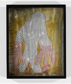 <i>Dot Koni #1</i>, 2021/23
<em>Museum glass coated with photo emulsion, exposed with negative of the series Polkadots,
watercolour</em>
Unique piece